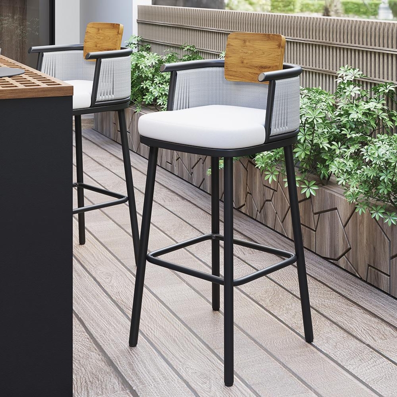 Bar Stool Mixed Materials Matte Black Aluminum Teak Back Insert Woven Rope Sides