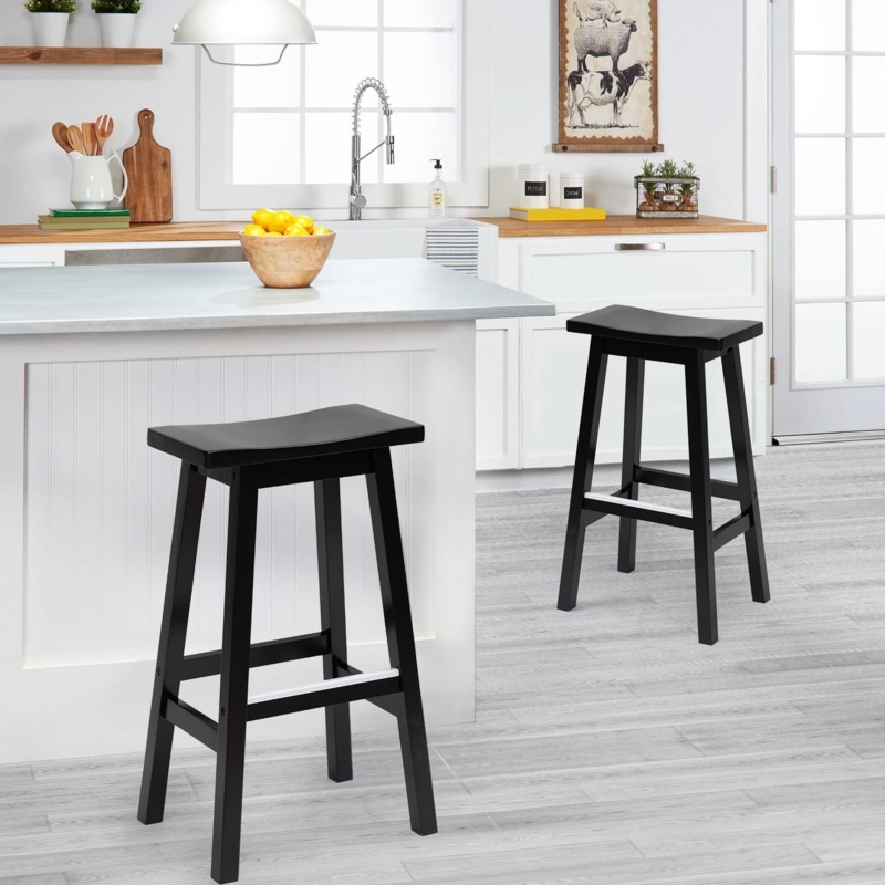 Bar Stool Modern Farmhouse Wood Saddle Seat Metal Foot Plate Set