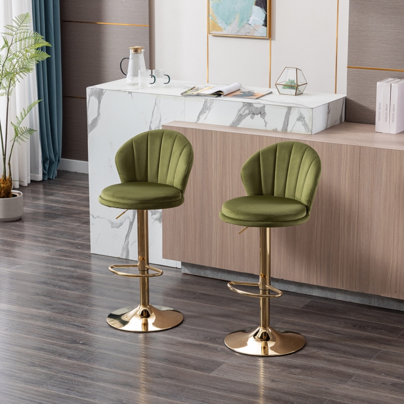 Bar Stool: Moss green velvet shell back on polished gold pedestal.