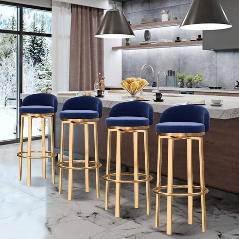 Bar Stool: Navy Blue Velvet Bar Stools with Circular Footrest