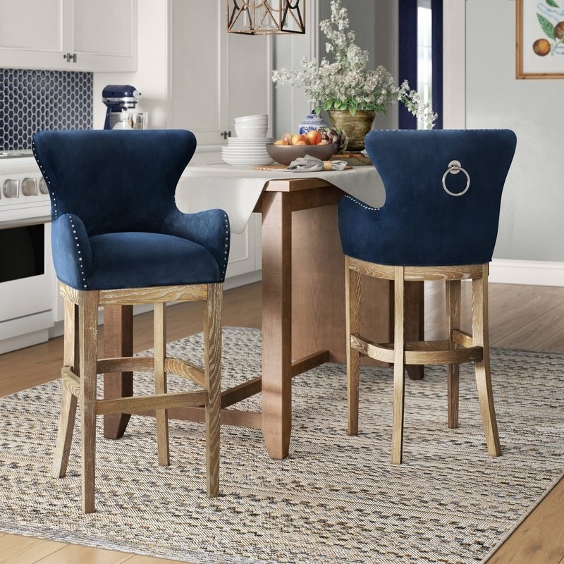 Bar Stool Navy Blue Wingback Silver Ring Pull Nailhead Trim Glam
