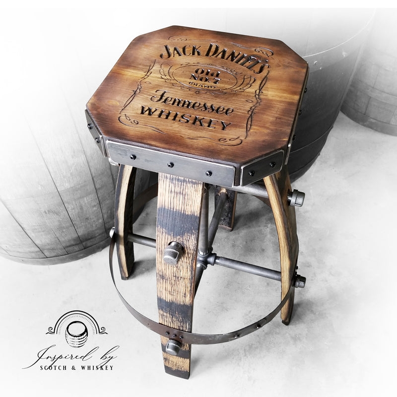 Bar Stool Octagonal Seat, Engraved Logo, Barrel Stave Legs