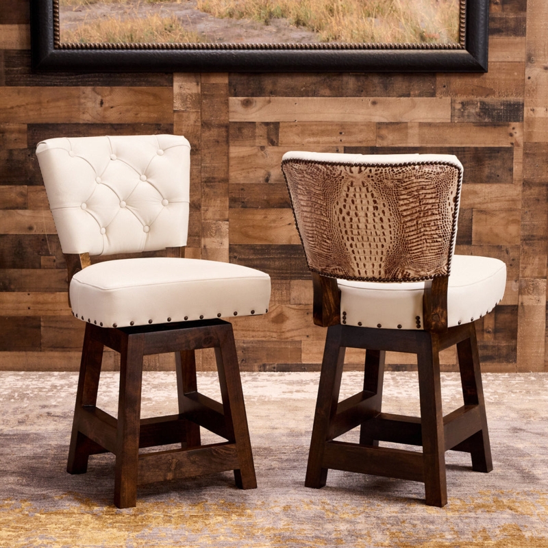 Bar Stool Off-White Button Tufted Crocodile Embossed Back Swivel