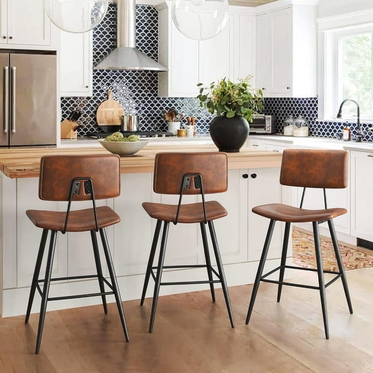 Bar Stool Red Brown Upholstery Matte Black Metal Frame Exposed Hardware