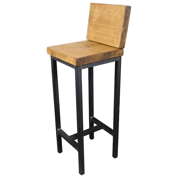 Bar Stool Rustic Timber Steel Frame High Backrest H-Frame Footrest