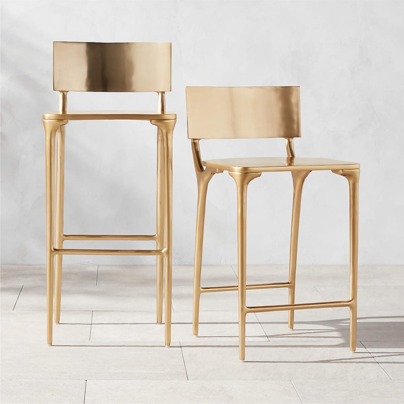 Bar Stool: Sculptural Metal Counter Stool with Satin Gold Finish