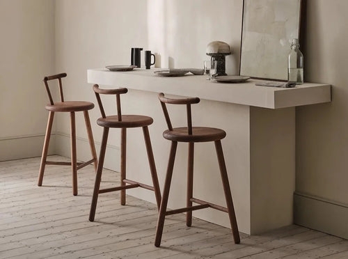 Bar Stool Sculptural T-Back Natural Grain Wood Round Seat Minimalist