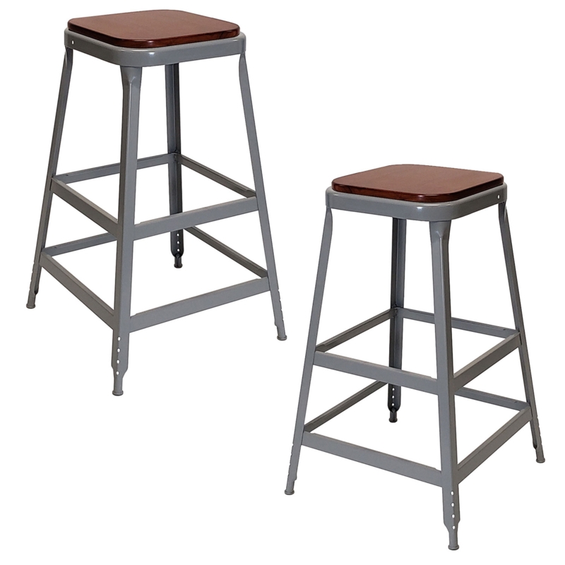 Bar Stool Set Dove Gray Metal Wood Seat Dual Tier Footrests Kitchen