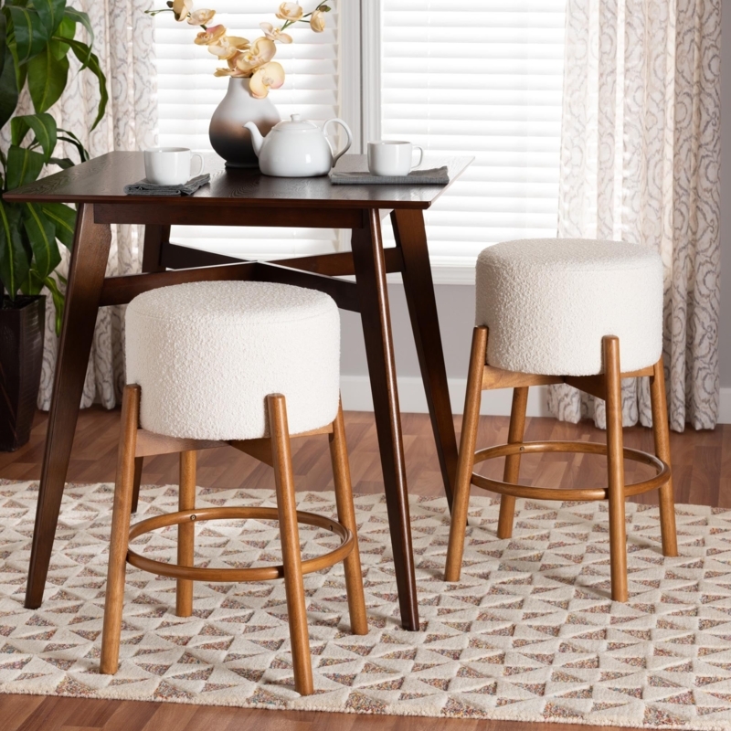 Bar Stool Set with Cream White Boucle Fabric and Round Seat
