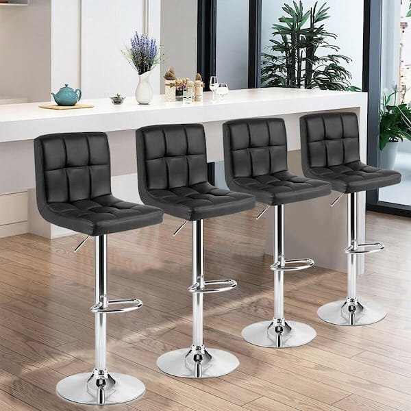 Bar Stool Square Tufting Adjustable Height Pedestal Black Chrome