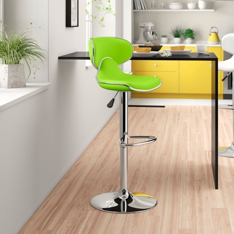Bar Stool: Swivel pedestal with curved split backrest and chrome trim.