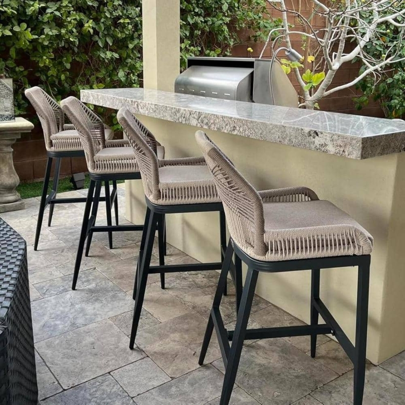 Bar Stool Taupe Woven Rope Aluminum Tapered Legs Contemporary Patio Seating