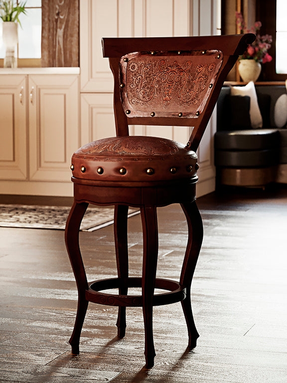 Bar Stool Tooled Leather Back Brass Nailhead Mahogany Western