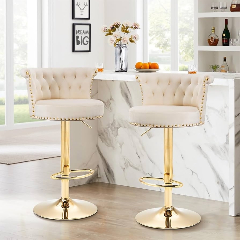 Bar Stool: Tufted Beige Bar Stools with Nailhead Trim and Swivel Base