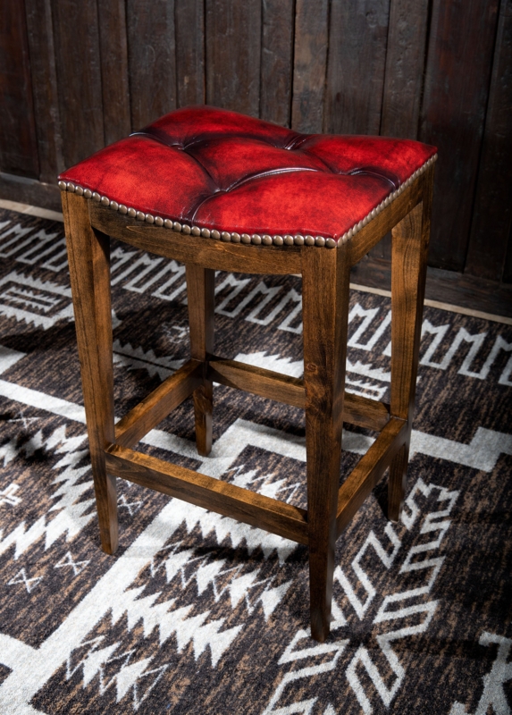 Bar Stool Tufted Saddle Seat Coral Red Upholstery Nailhead Trim