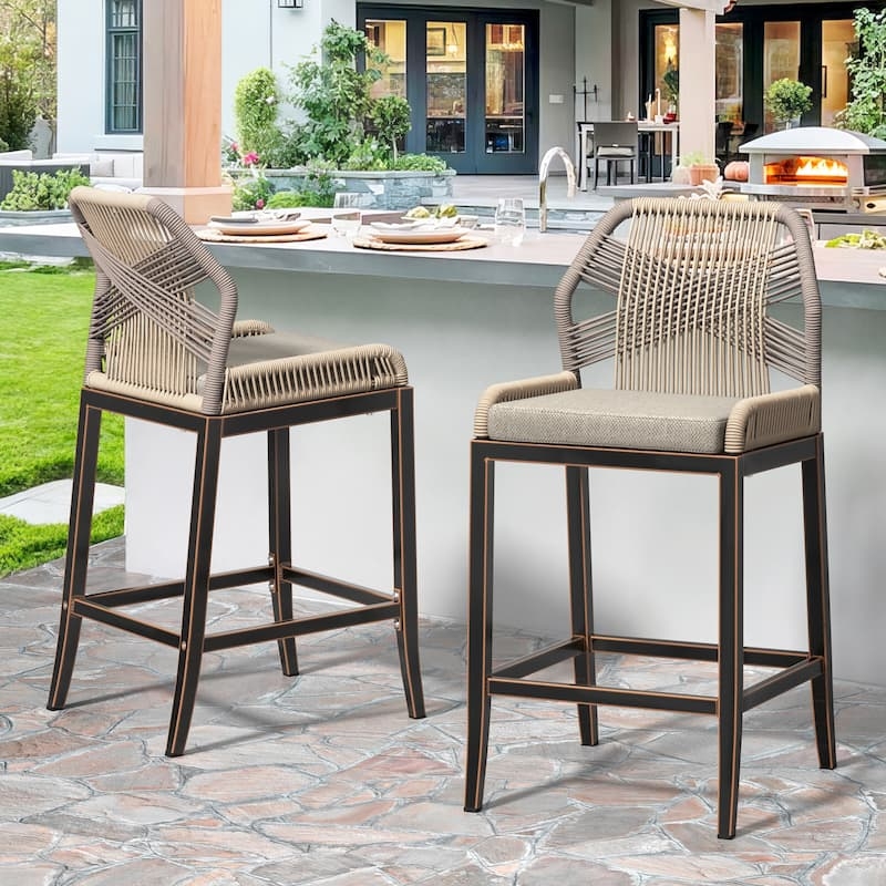 Bar Stool Twill Weave Pattern Rope Wrapped Arms Matte Black Metal
