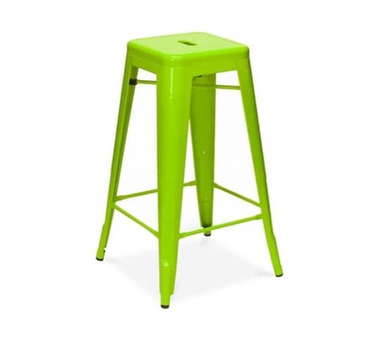 Bar Stool: Utilitarian industrial metal design with stackable frame.