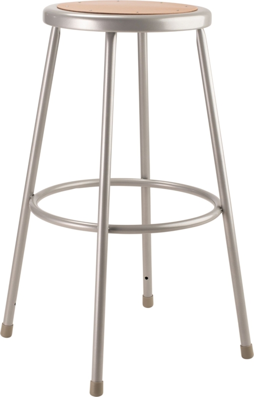 Bar Stool Utilitarian Matte Light Grey Metal Wood Toned Seat Inlay