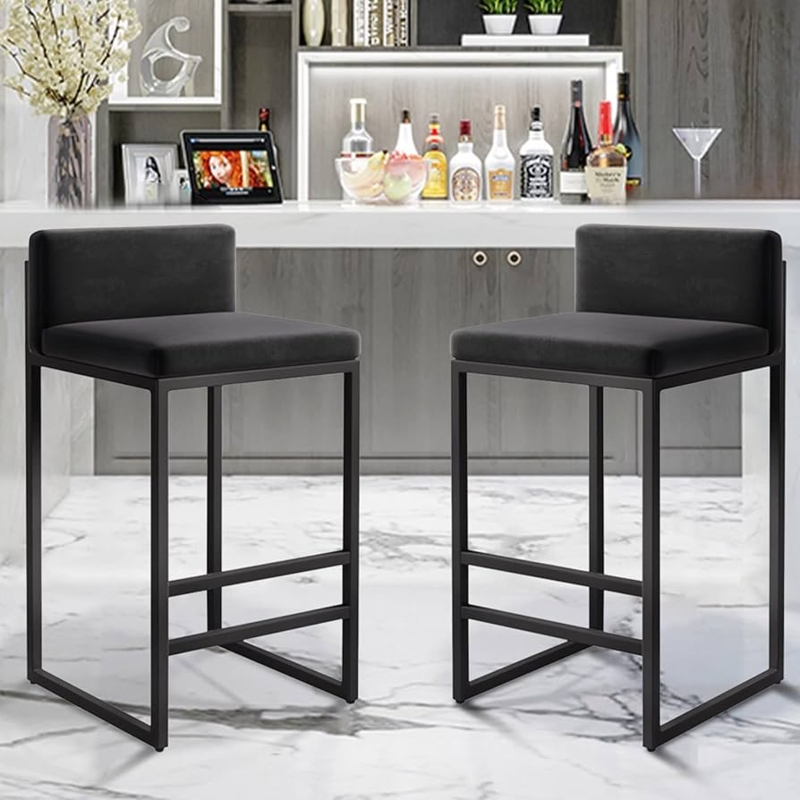 Bar Stool Velvet Square Frame Low Backrest Kitchen Island Seating