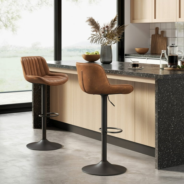 Bar Stool Vertical Stitching Matte Black Pedestal Cognac Modern