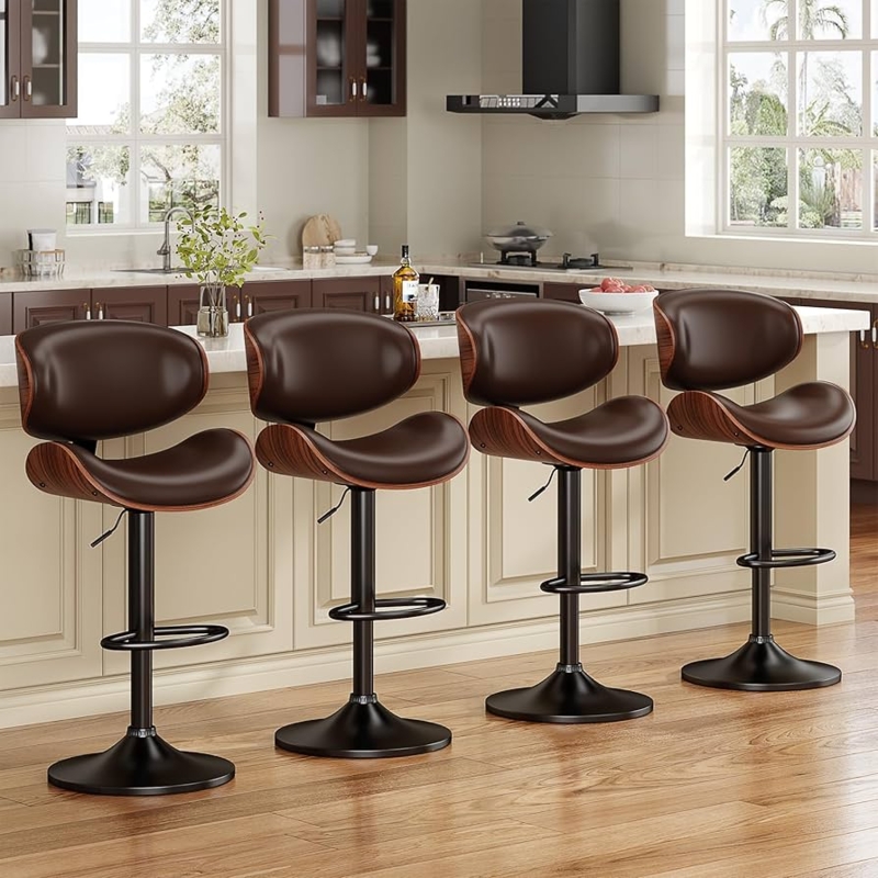 Bar Stool Walnut Bentwood Shell Adjustable Split Back Black Base