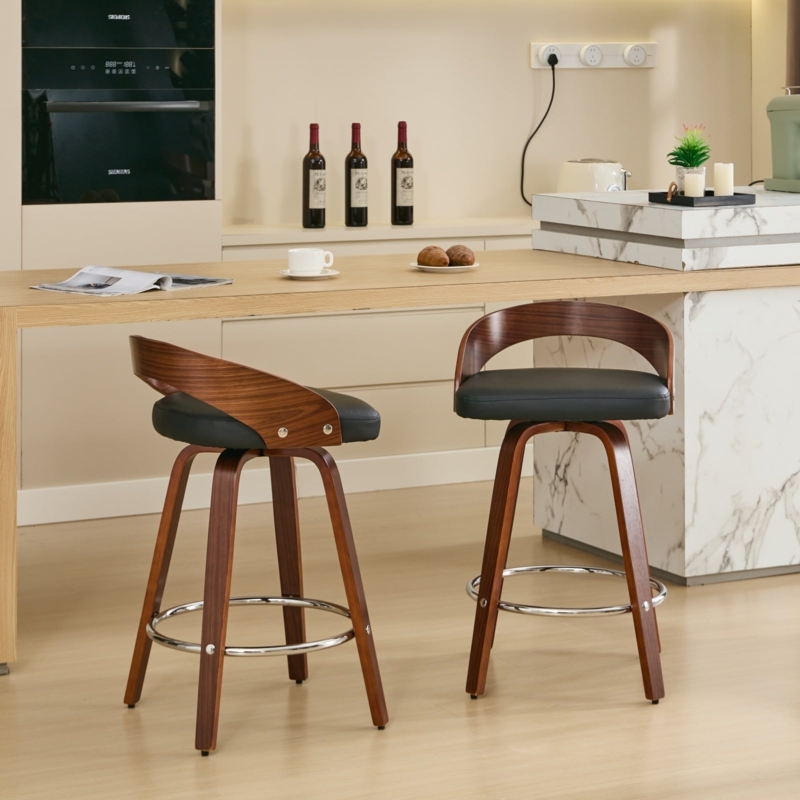 Bar Stool Walnut Bentwood Swivel Seat Black Leather-Like Chrome Ring