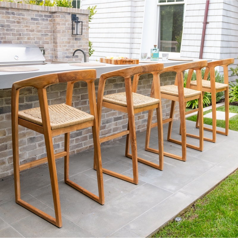 Bar Stool Warm Honey Wood Toned Frame Woven Fiber Seat Sled Base
