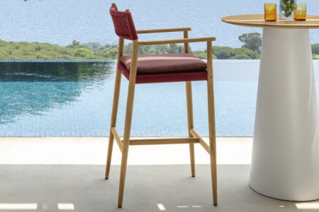Bar Stool Warm Wood Toned Frame Burgundy Woven Webbing Back Slender Arms
