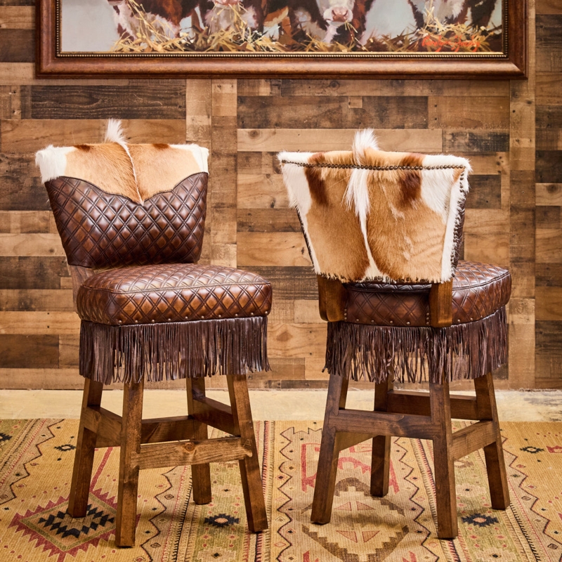 Bar Stool Western Hair-on-Hide Back Diamond Quilting Leather Fringe