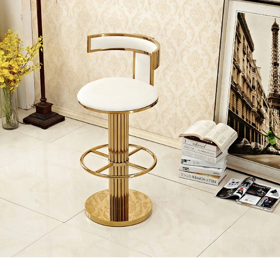 Bar Stool White Fluted Gold Pedestal Semi-Circular Open Back Deco