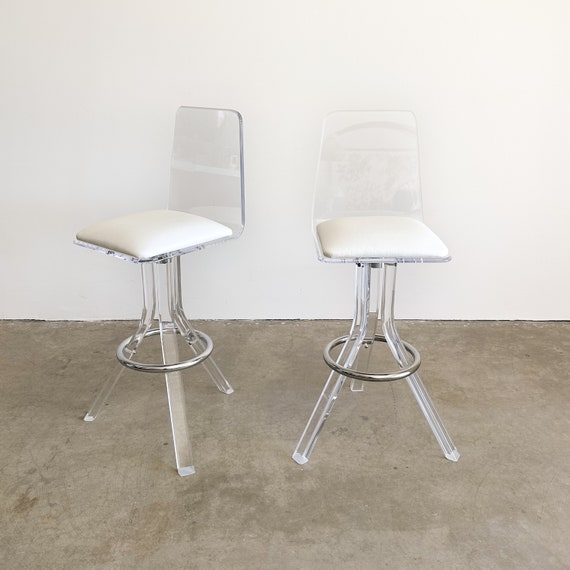 Bar Stool White Padded Swivel Chrome Footrest Ring Clear Acrylic