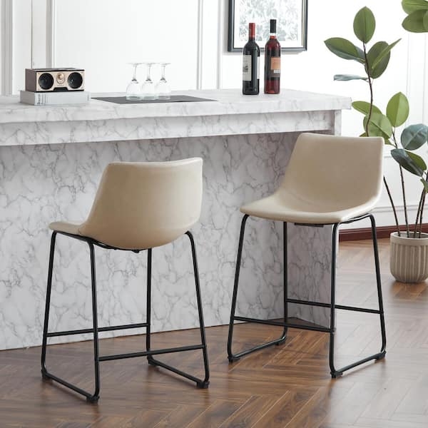 Bar Stool with Black Metal Sled Base and Cream Seat