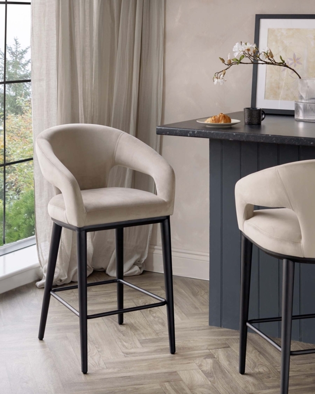 Bar Stool with Champagne Beige Upholstery and Tub Shape Back