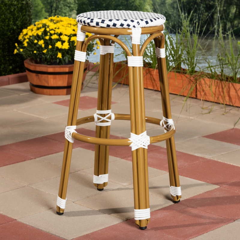 Bar Stool with Circular Footrest Ring and Navy White Weave