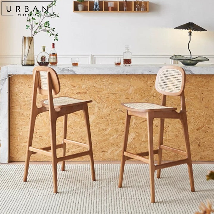 Bar Stool with Curved Wood Back and Rattan Cane Inlay