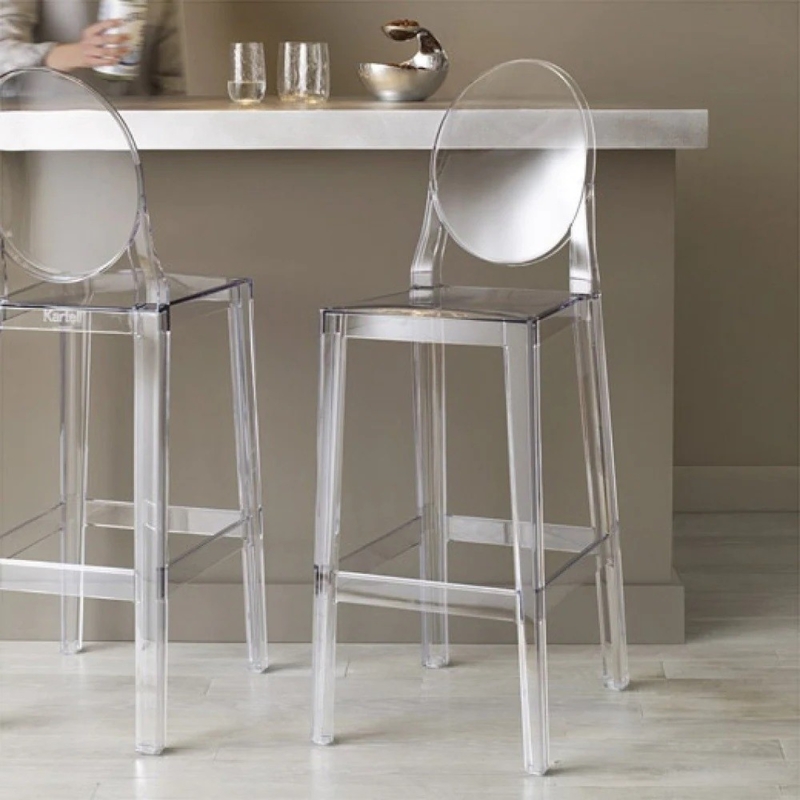 Bar Stool with Medallion Back and Square Seat in Clear Synthetic