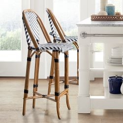 Bar Stool with Navy and White Diagonal Striped Weave Pattern