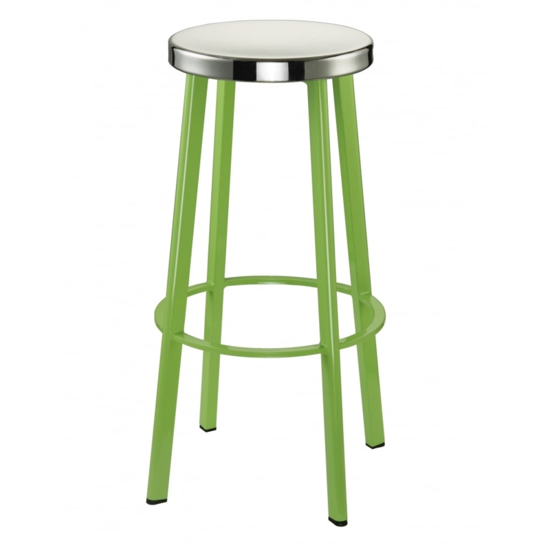 Bar Stool with polished steel circular seat on lime green metal frame.