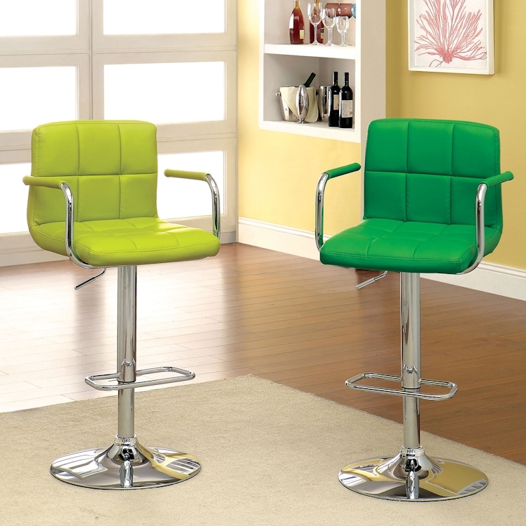 Bar Stool with quilted square pattern and padded armrests on chrome base.