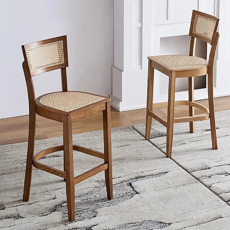 Bar Stool with Rattan Cane Backrest and Curved Footrest