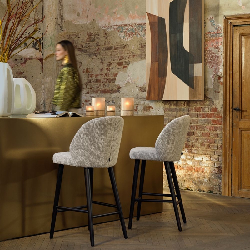 Bar Stool with Textured Boucle Weave Seat and Matte Black Legs