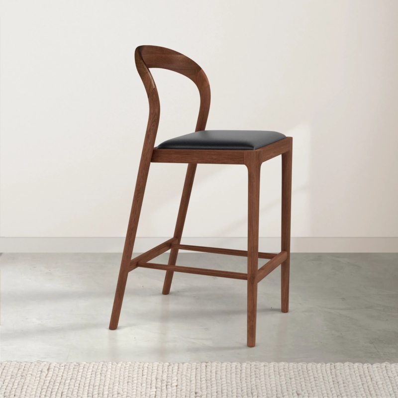 Bar Stool with Walnut Brown Finish and Black Leather-Like Seat