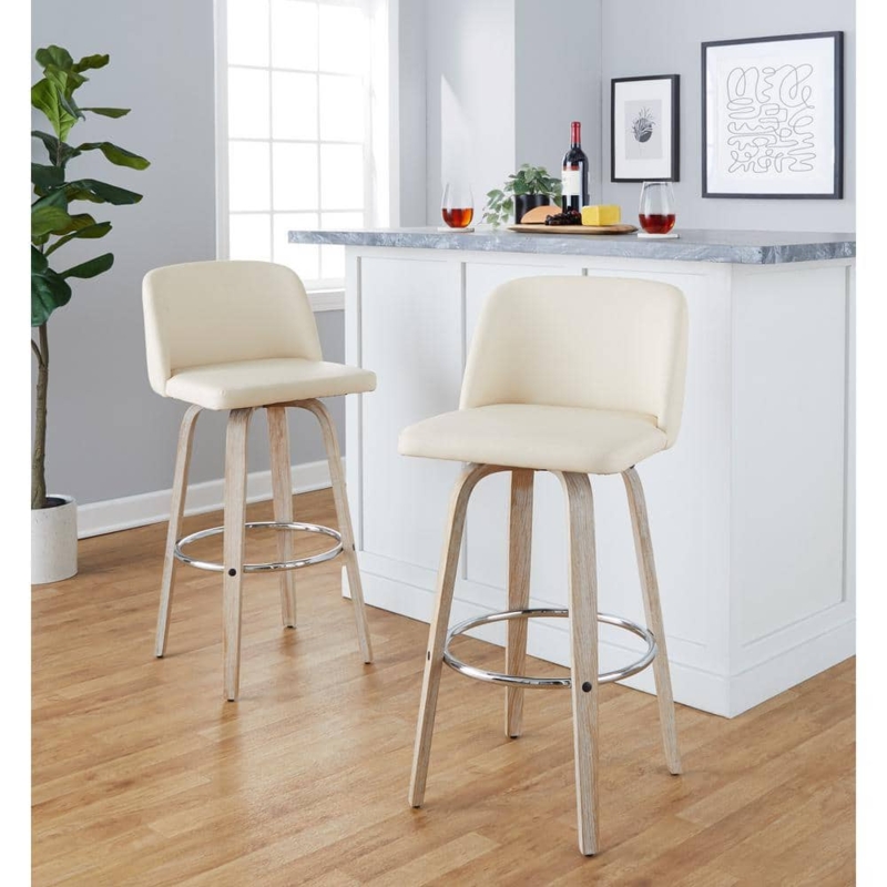 Bar Stool with Whitewashed Wood Legs and Chrome Footrest