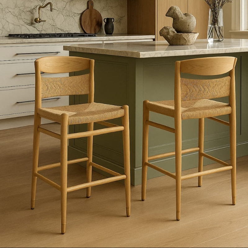 Bar Stool with Woven Cord Seat and Natural Wood Tapered Legs