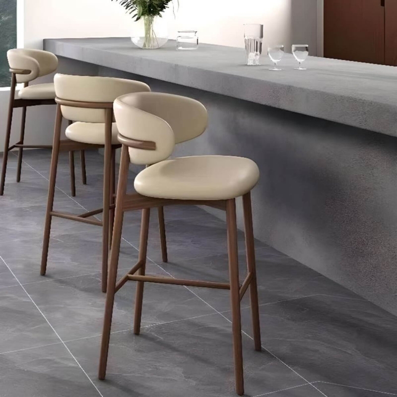 Bar Stool with Wrap-Around Curved Back and Cream Upholstery