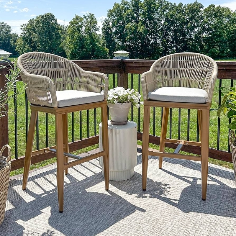 Bar Stool Wood Toned Aluminum Frame Woven Barrel Back Coastal Patio
