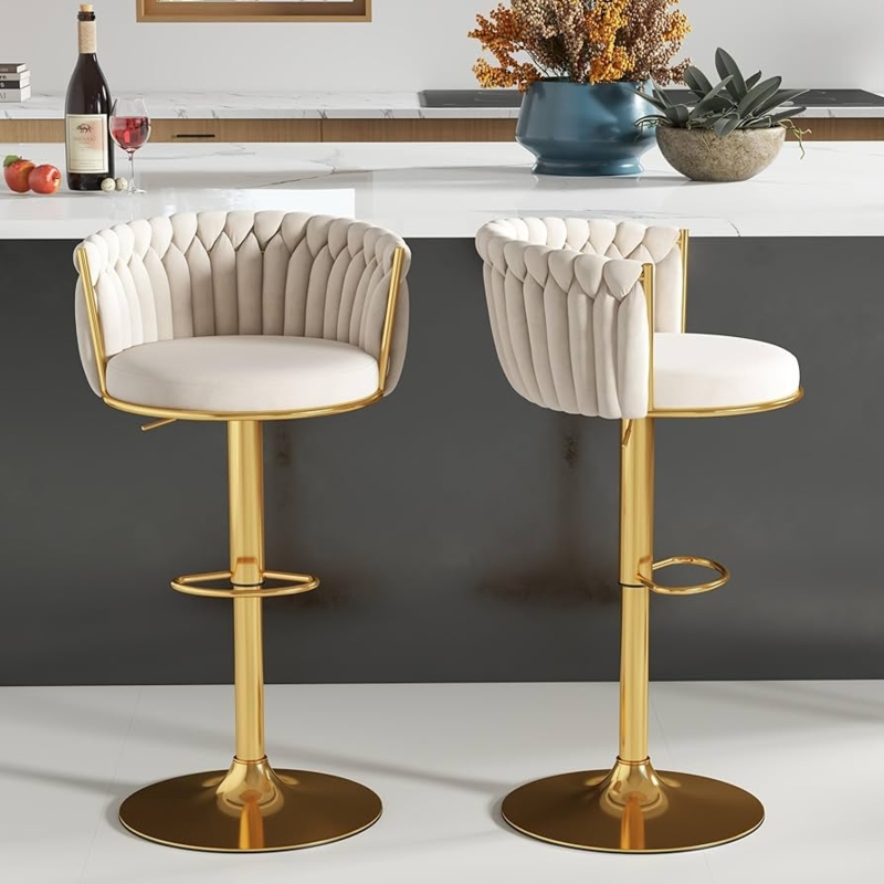 Bar Stool Woven Barrel Backrest Gold Swivel Counter Stool Beige