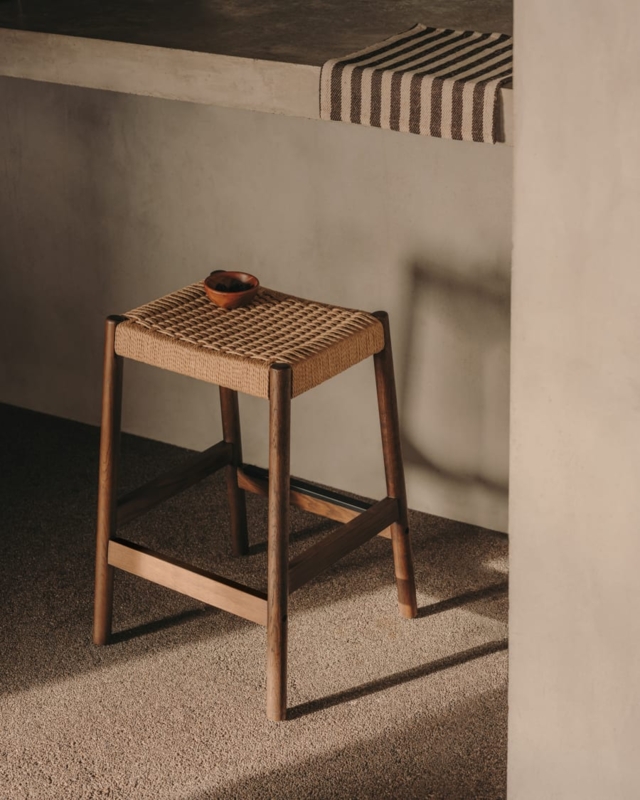 Bar Stool Woven Cord Seat backless design Walnut finish