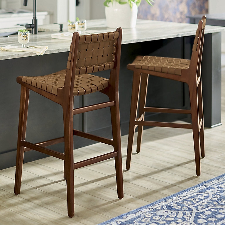 Bar Stool Woven Straps Low Back Tapered Legs Walnut Mid Century