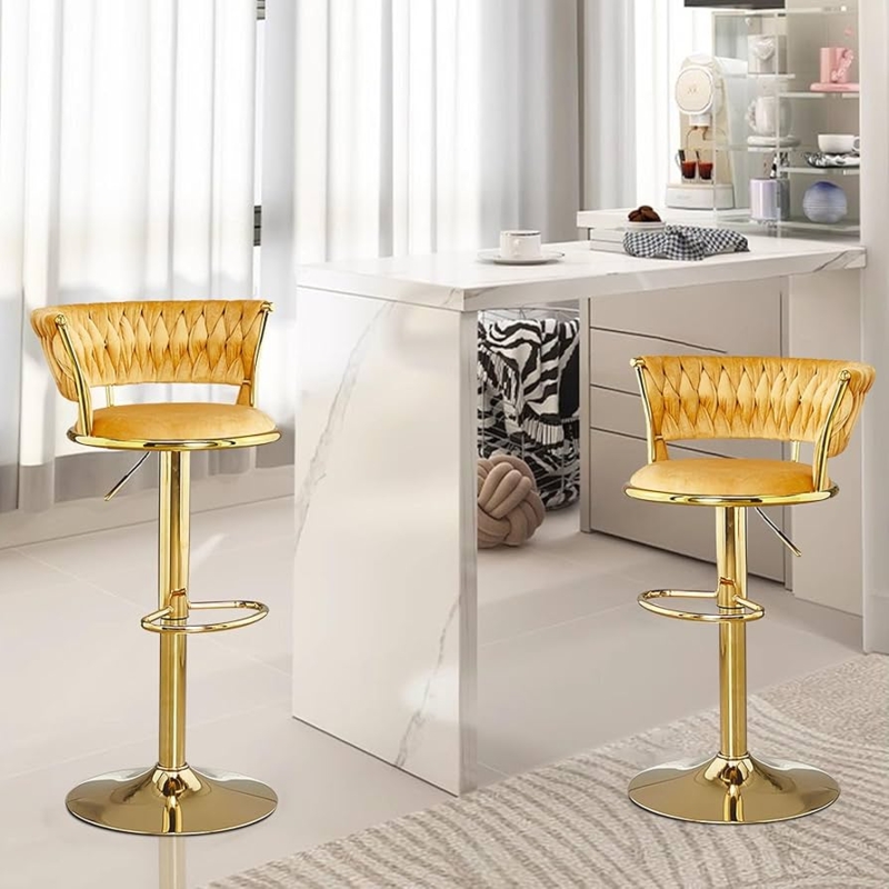 Bar Stool: Woven Velvet Counter Chairs in Mustard Yellow and Gold